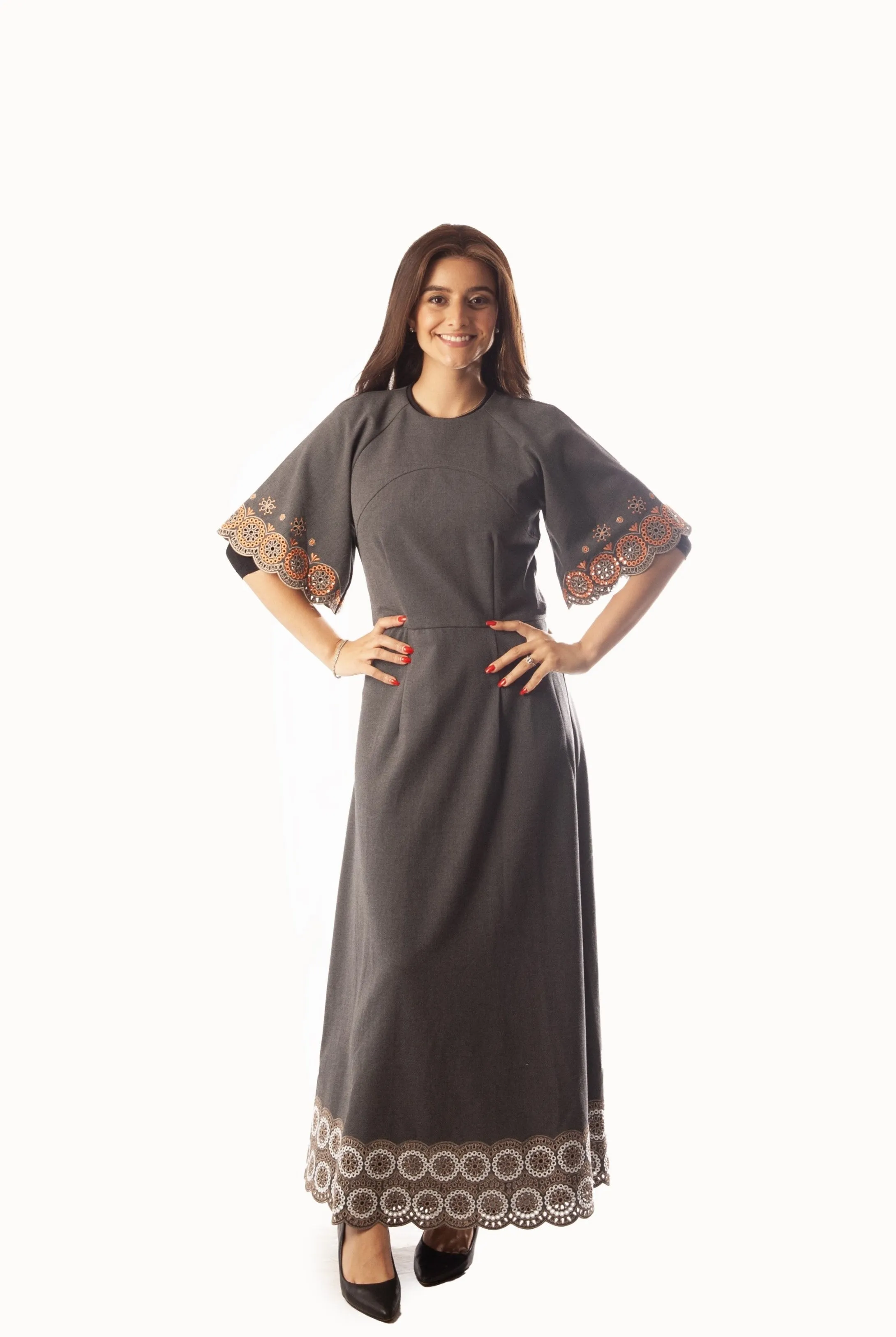 Circle Embroidered sleeves   Hem Dress