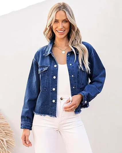 Classic Blue Women's Denim Collared Jacket With Flap Pocket Button UP Raw Hem Detail Long Sleeve Jean Jackets