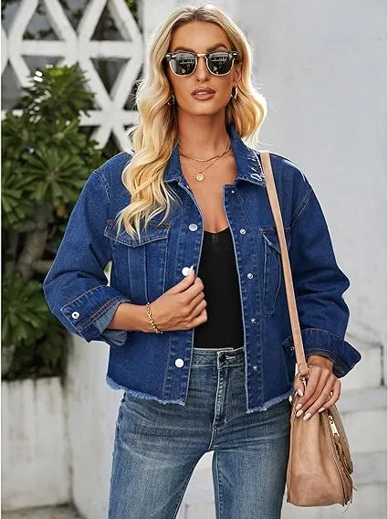 Classic Blue Women's Denim Collared Jacket With Flap Pocket Button UP Raw Hem Detail Long Sleeve Jean Jackets