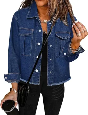 Classic Blue Women's Denim Collared Jacket With Flap Pocket Button UP Raw Hem Detail Long Sleeve Jean Jackets