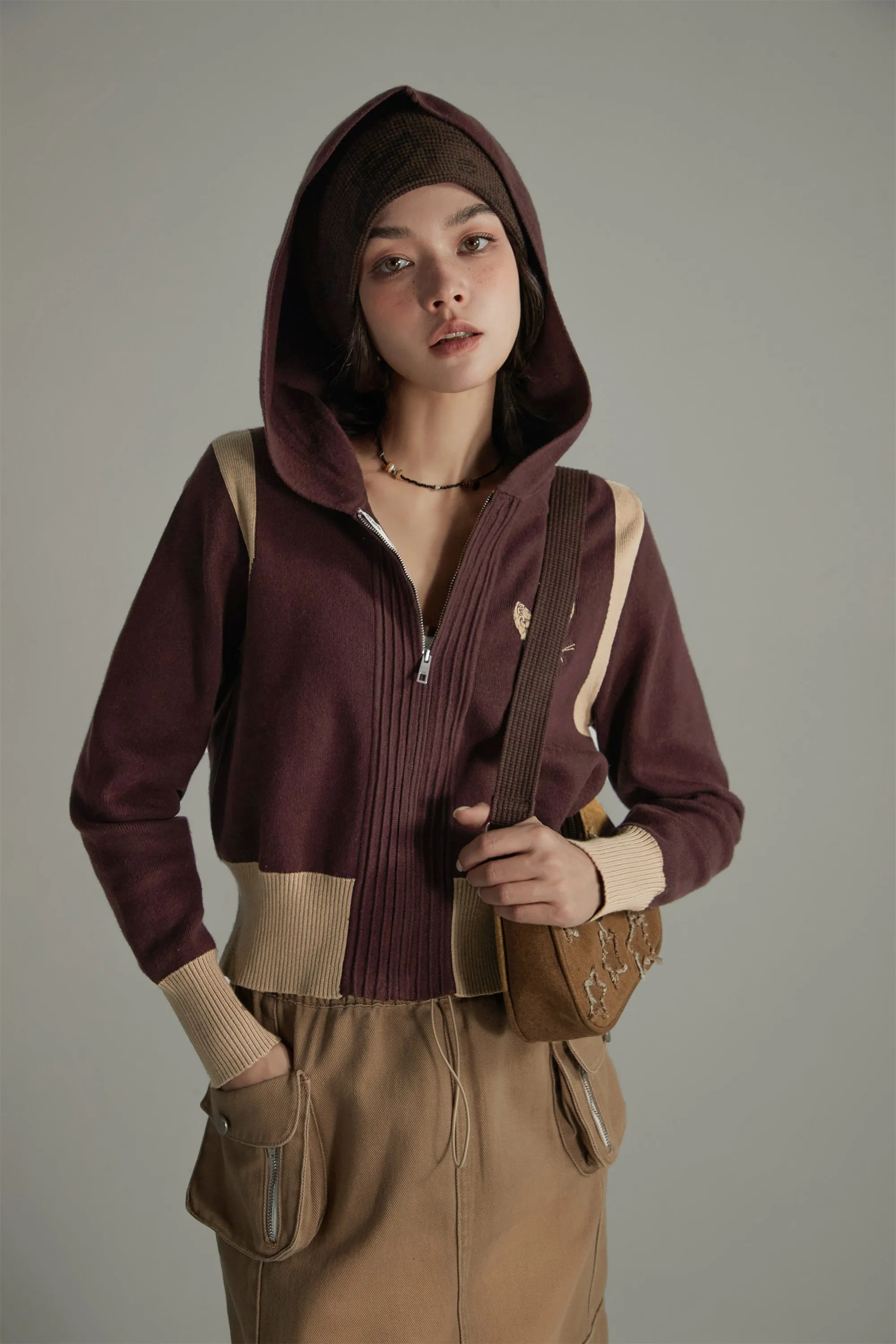 Color Combination Cropped Hood Zip-Up