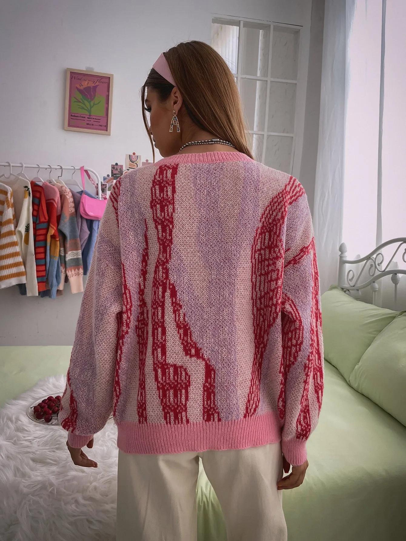 Crew Neck Lovely Time Blush Pink Multi Fuzzy Knit Sweater MYXU4024CA