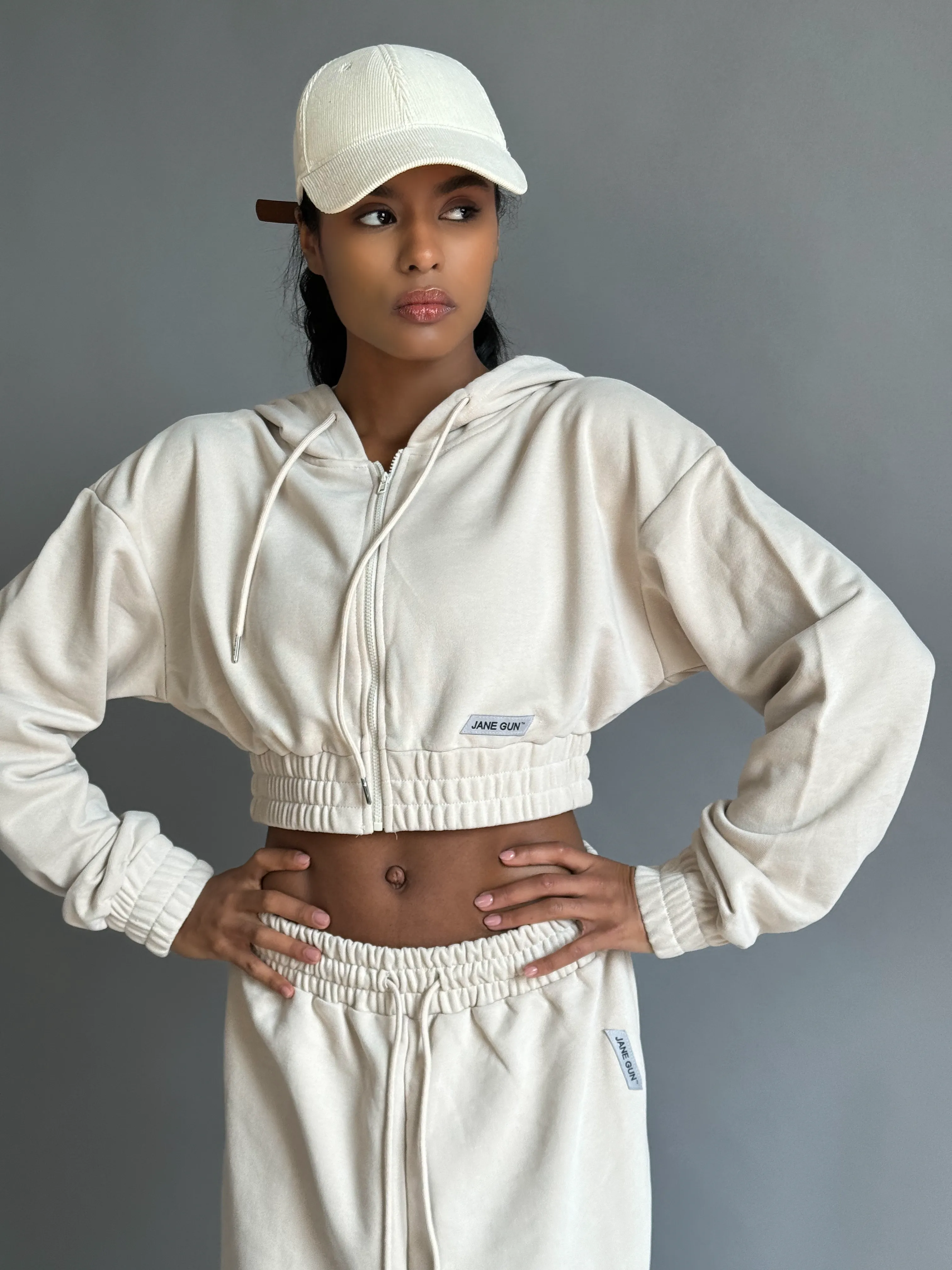 Cropped Zipper Hoodie - Ivory