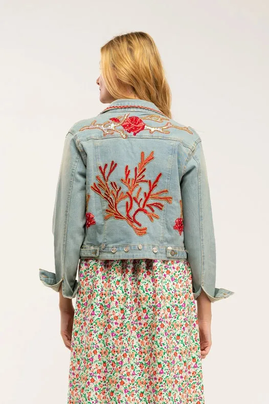 Denim Jacket With Embroidered Flowers With Appliques And Rhinestones