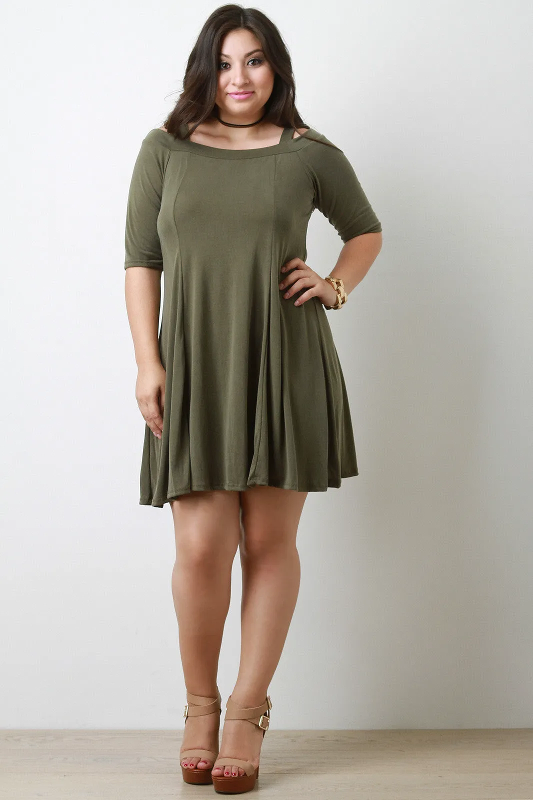 Elbow Sleeve Cold Shoulder Shift Dress