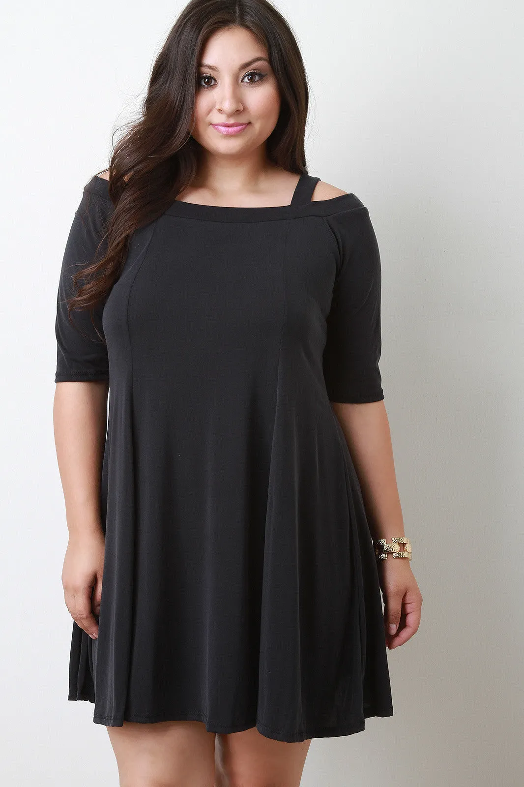 Elbow Sleeve Cold Shoulder Shift Dress