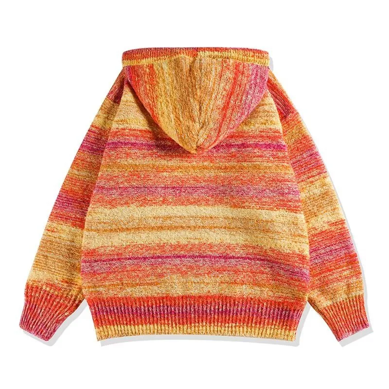 Embroidered Striped Knitted Coat Hooded Sweater