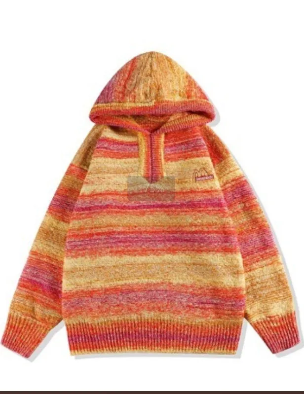 Embroidered Striped Knitted Coat Hooded Sweater