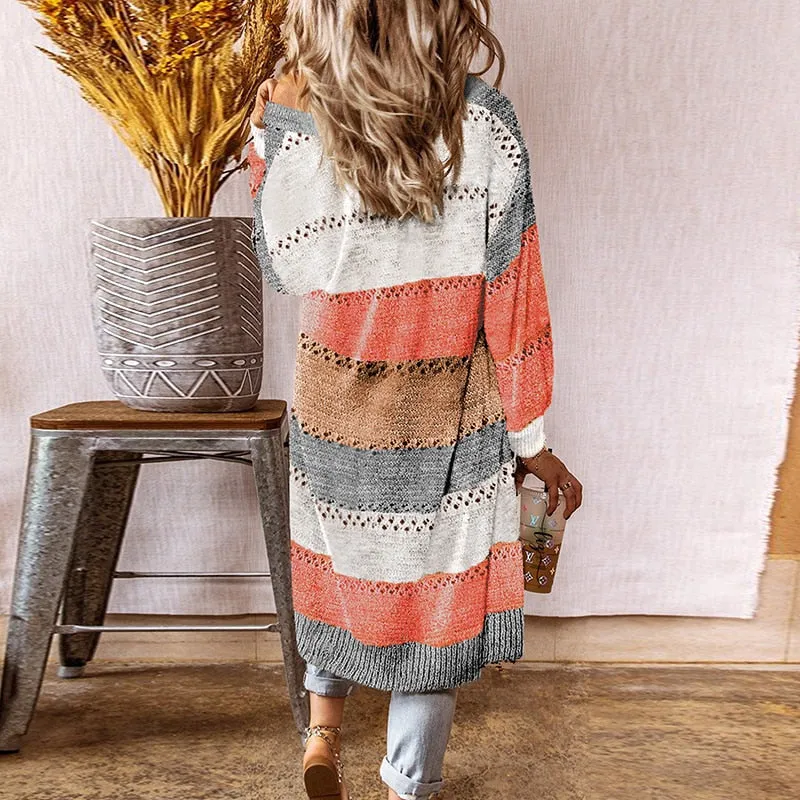 FashionSierra - Women Cardigan Sweaters Long Knitted Coats Casual Stripe