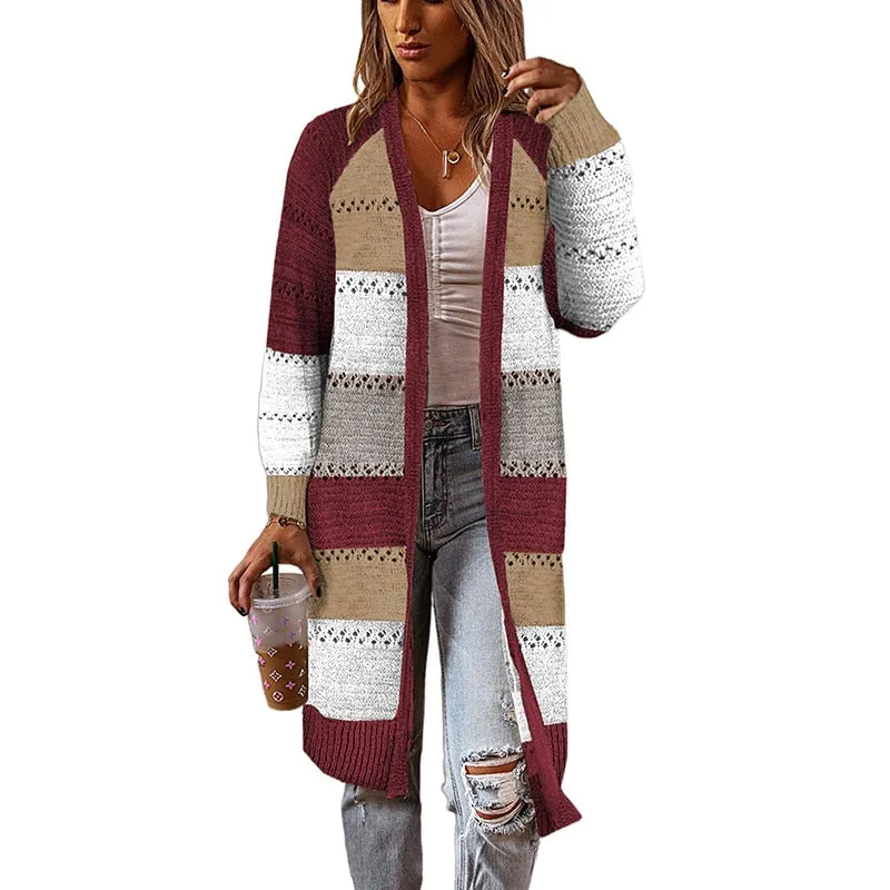 FashionSierra - Women Cardigan Sweaters Long Knitted Coats Casual Stripe