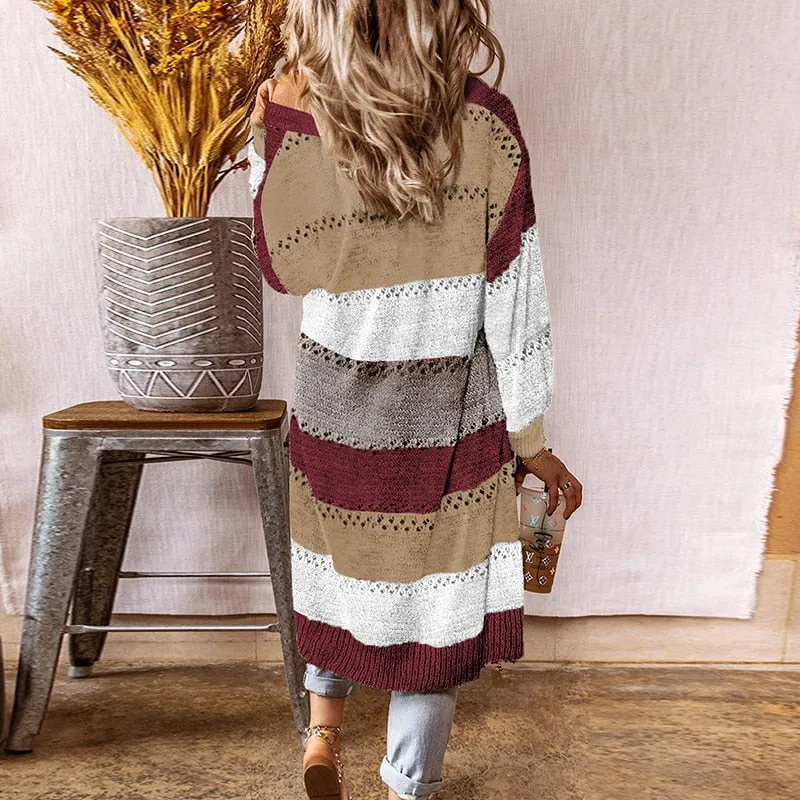 FashionSierra - Women Cardigan Sweaters Long Knitted Coats Casual Stripe