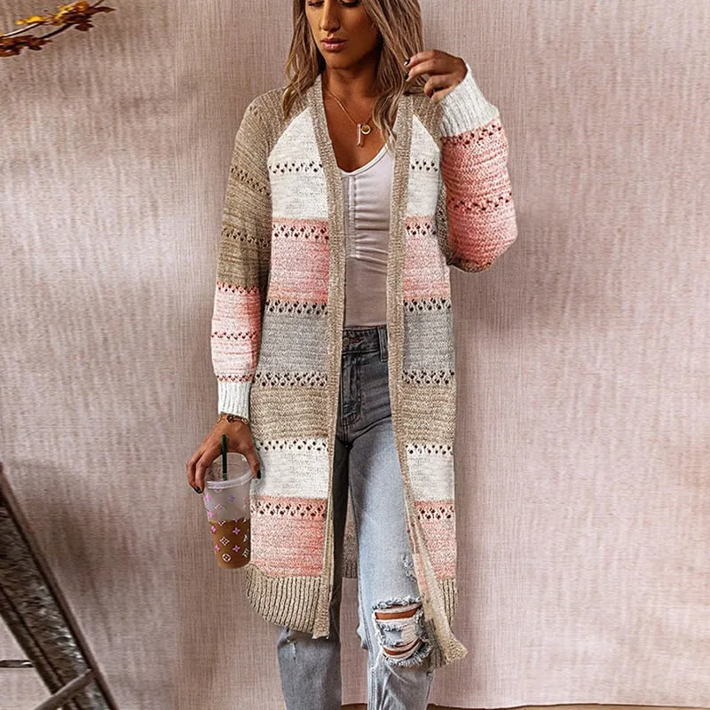 FashionSierra - Women Cardigan Sweaters Long Knitted Coats Casual Stripe