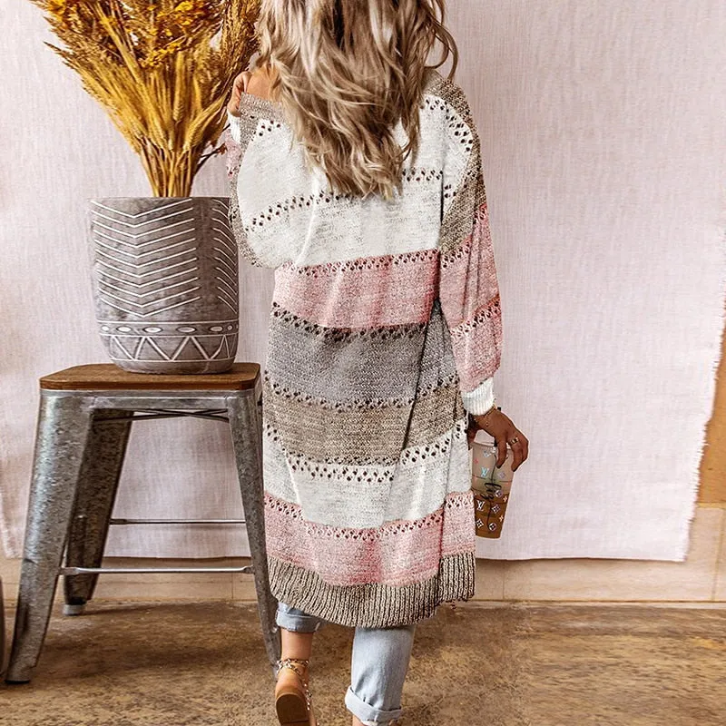 FashionSierra - Women Cardigan Sweaters Long Knitted Coats Casual Stripe