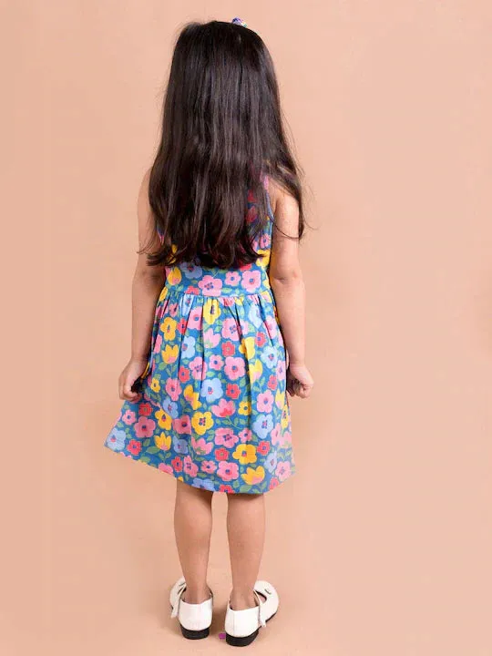 Girls Navy Blue Pink Pack Of 2 Gathered Or Pleated Cotton Fit Flare Dress - Ps Peaches