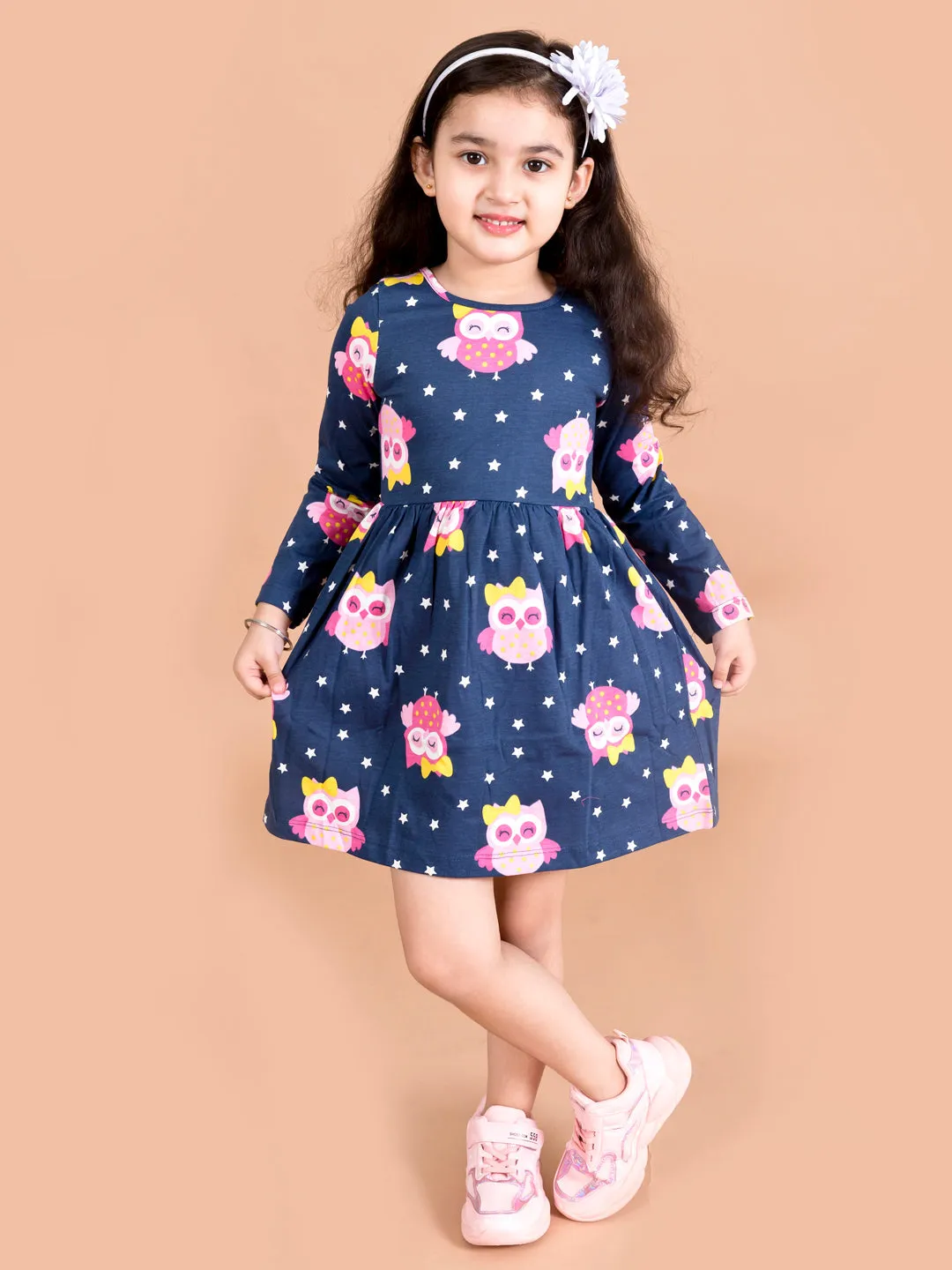 Girls Navy Blue Pink Pack Of 2 Gathered Or Pleated Cotton Fit Flare Dress - Ps Peaches