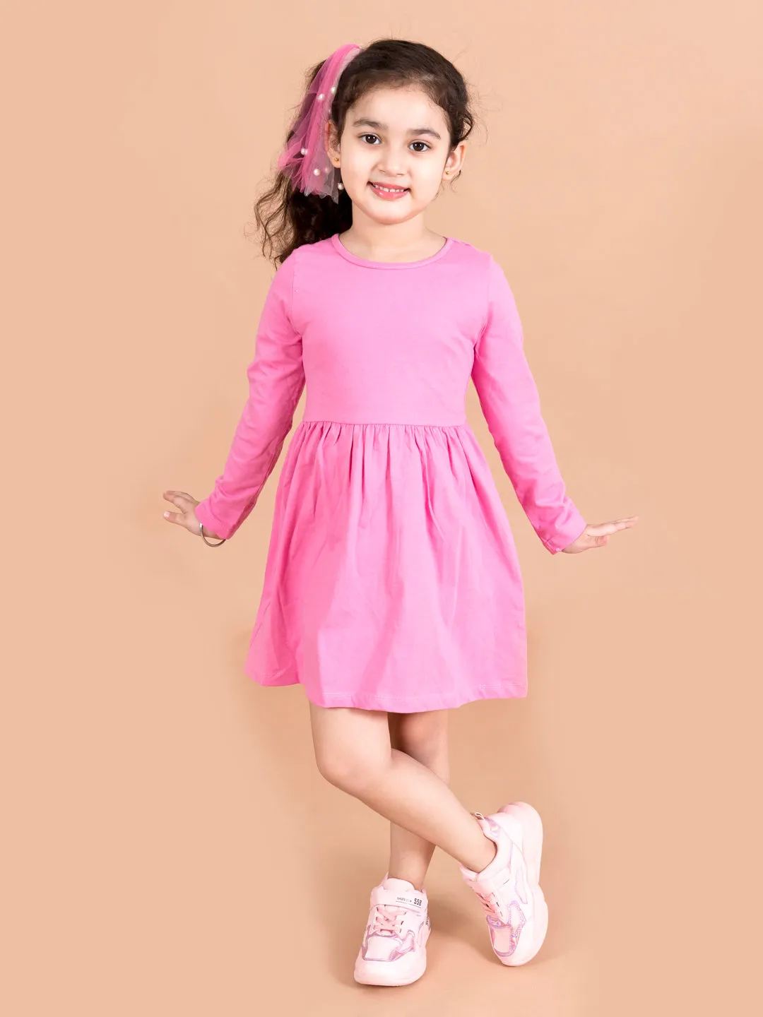 Girls Navy Blue Pink Pack Of 2 Gathered Or Pleated Cotton Fit Flare Dress - Ps Peaches