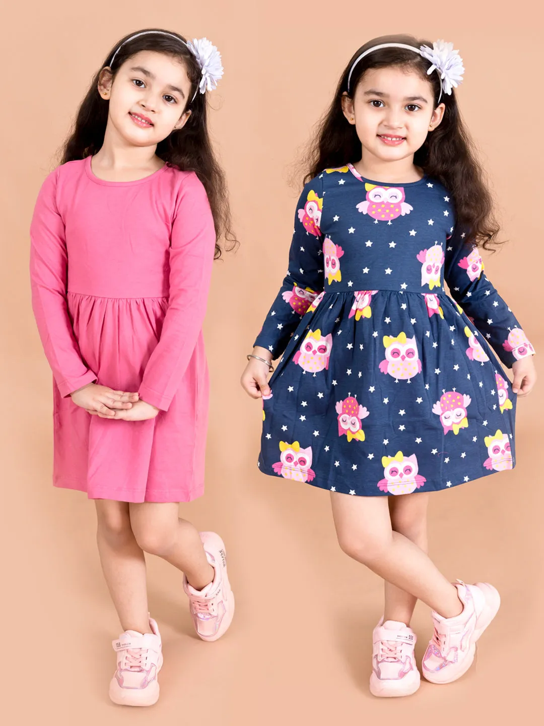 Girls Navy Blue Pink Pack Of 2 Gathered Or Pleated Cotton Fit Flare Dress - Ps Peaches