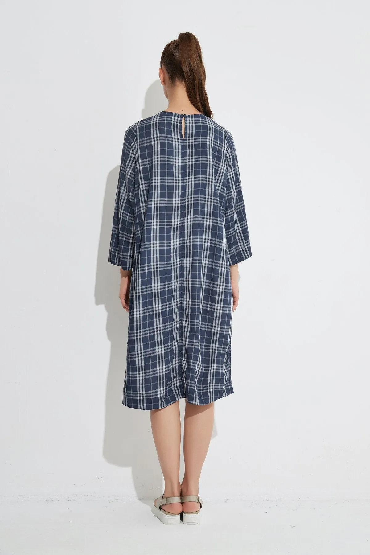 Half Sleeve Shift Dress- Navy Gingham