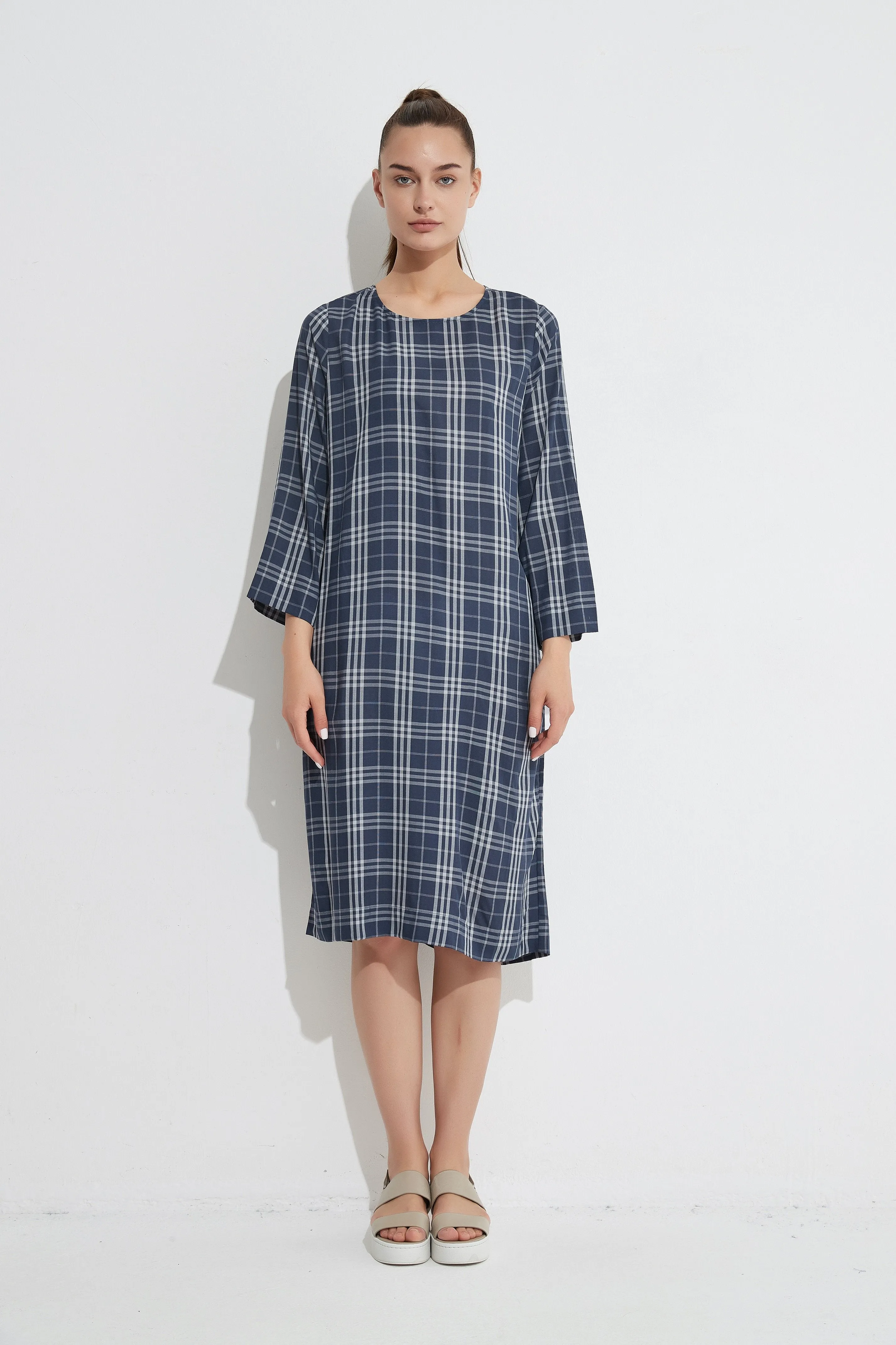 Half Sleeve Shift Dress- Navy Gingham