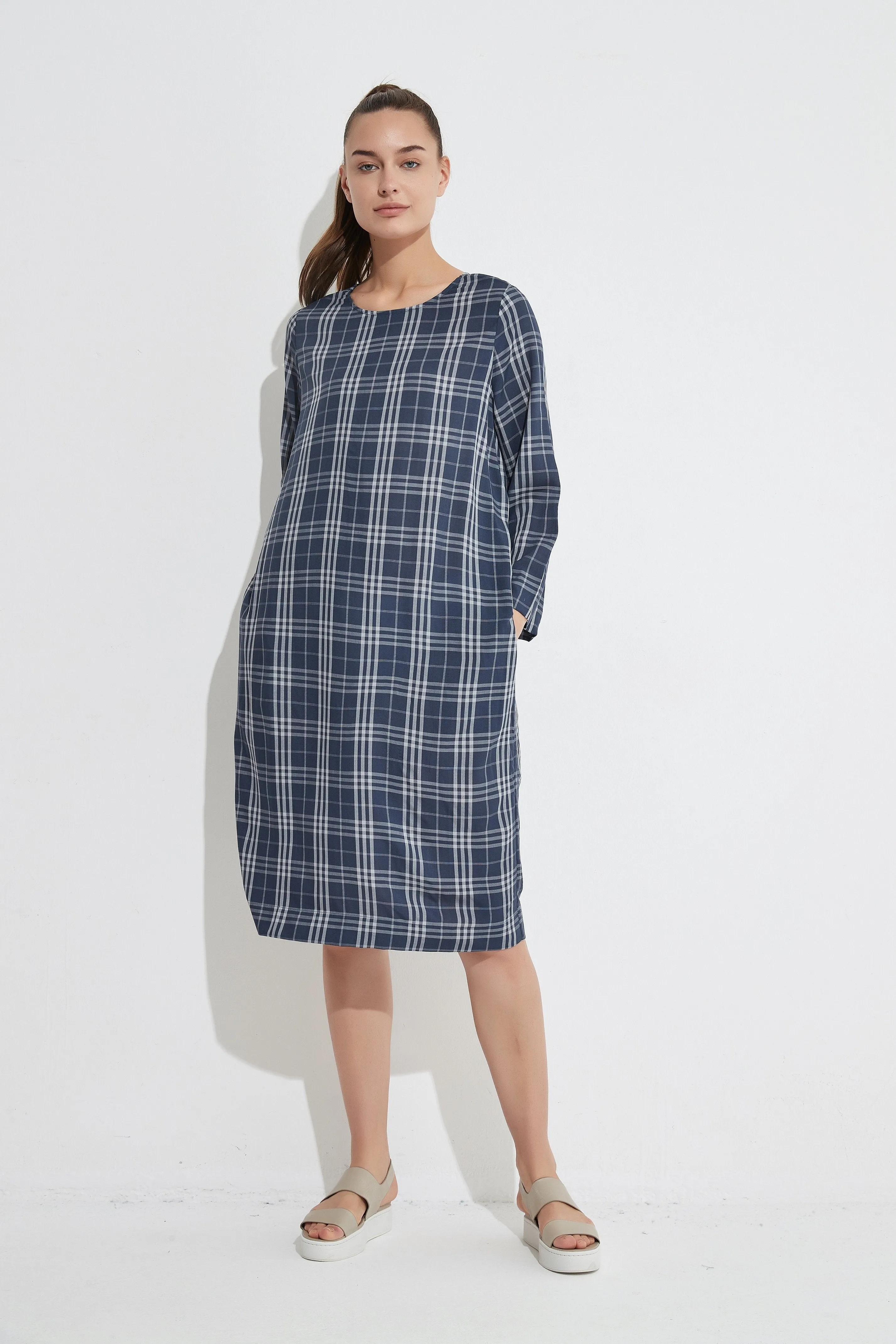 Half Sleeve Shift Dress- Navy Gingham