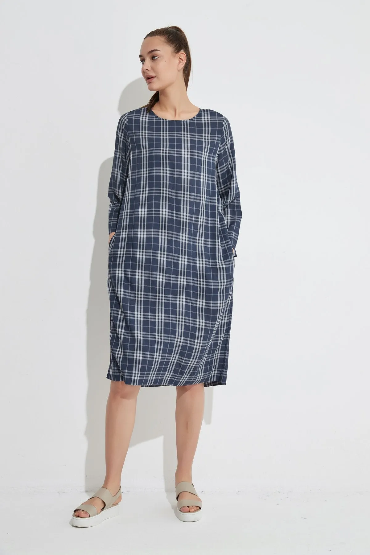 Half Sleeve Shift Dress- Navy Gingham