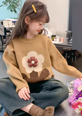 Handmade Khaki Floral Print Cotton Knit Girls Sweaters Winter WL049