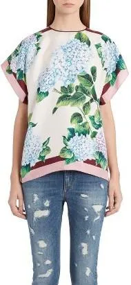 Hydrangea Print Silk Top