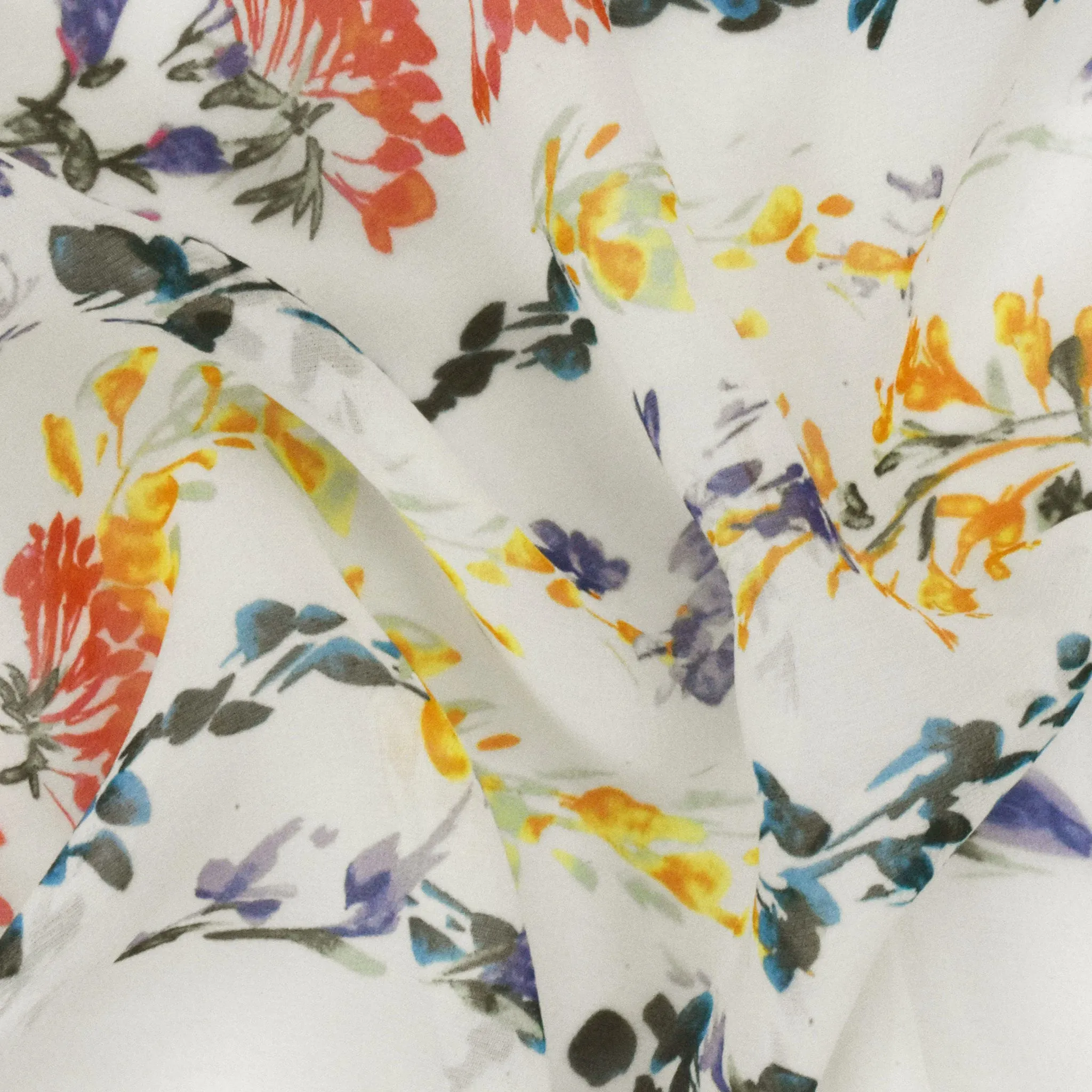 Ivory-Lavender-Multi Floral Border Frame Printed Silk Chiffon Fabric