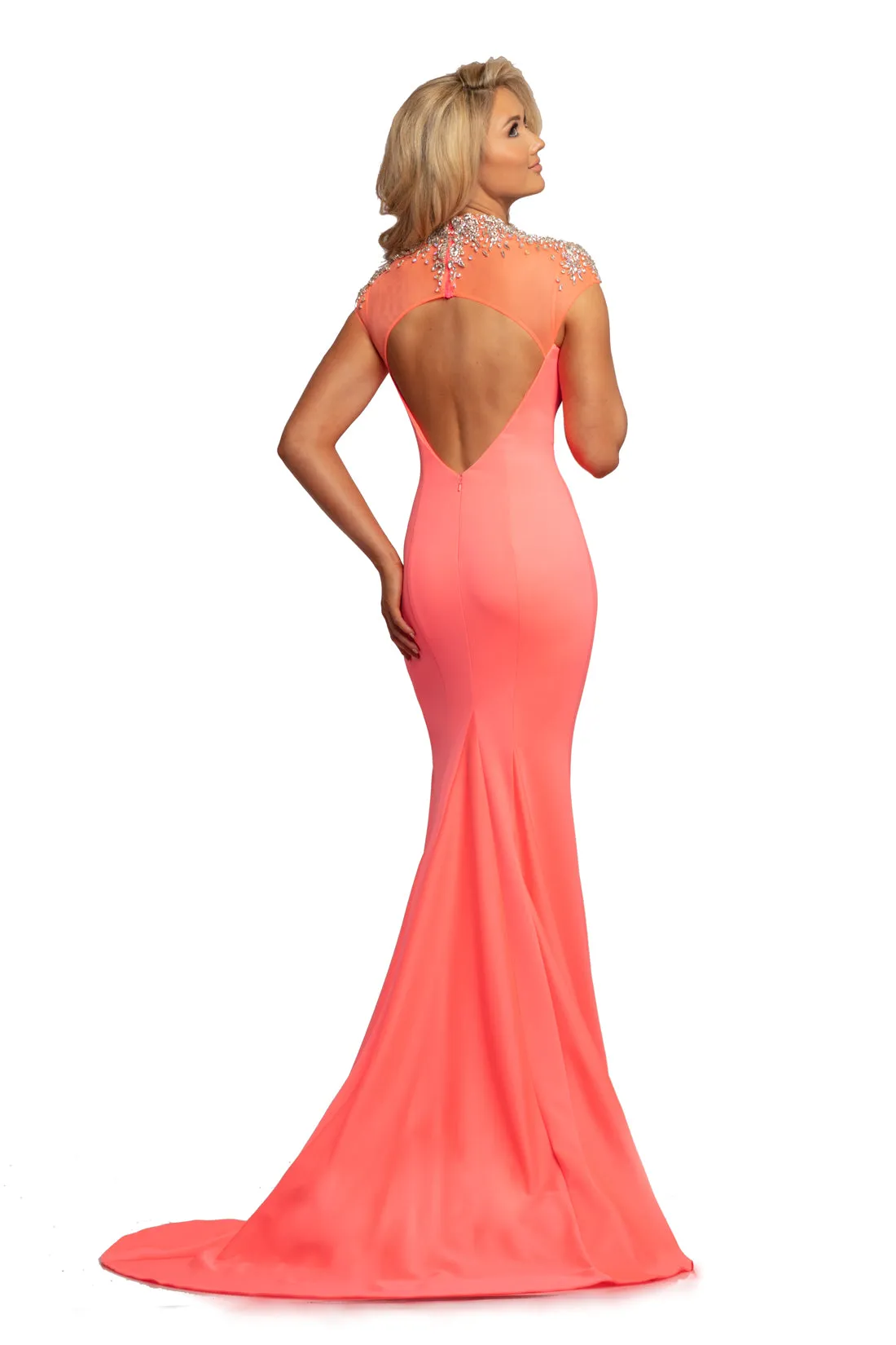 Johnathan Kayne 2024 Size 6 Hot Coral Mermaid Slit Prom Dress Pageant Gown Sheer Neckline Crystal