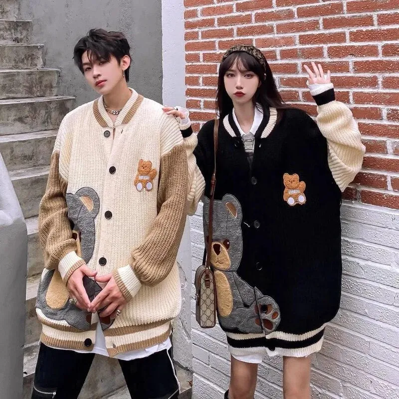 Joskaa Christmas Gift Cute Bear Sweater Embroidery Streetwear Loose Oversized Cardigan Retro Color Matching Harajuku Knitwear Coat Couple Sweater Tops