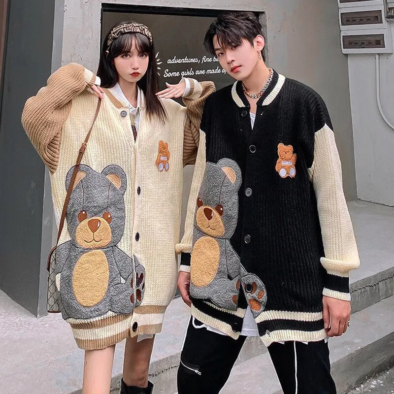 Joskaa Christmas Gift Cute Bear Sweater Embroidery Streetwear Loose Oversized Cardigan Retro Color Matching Harajuku Knitwear Coat Couple Sweater Tops