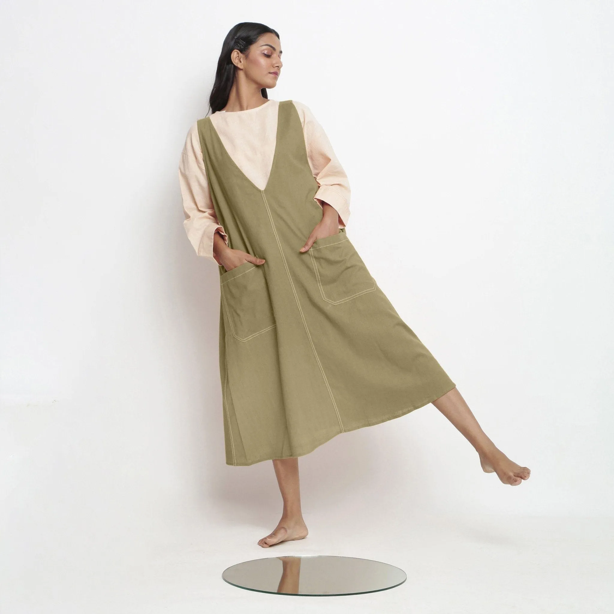 Khakhi Green 100% Cotton Paneled Midi Shift Dress