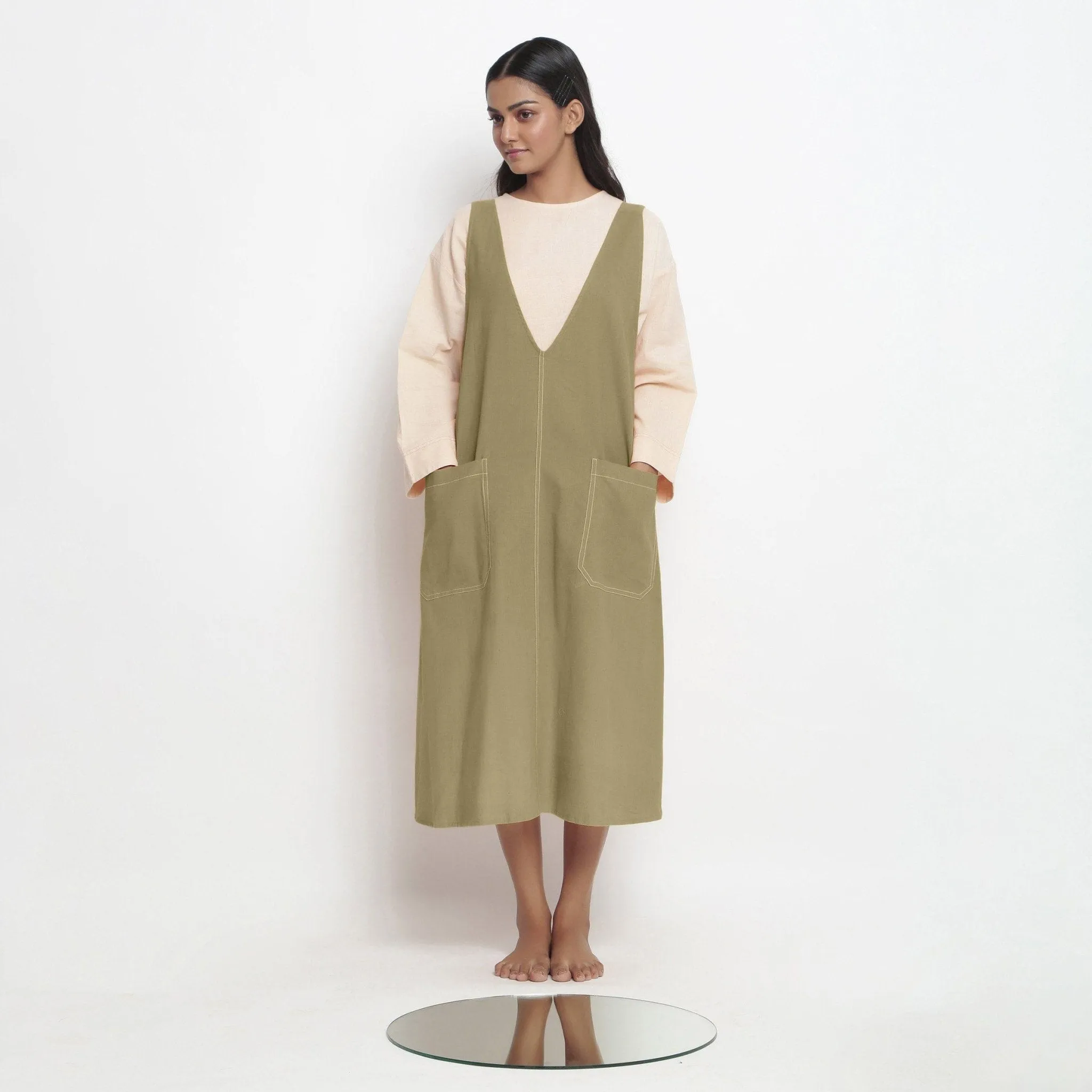 Khakhi Green 100% Cotton Paneled Midi Shift Dress