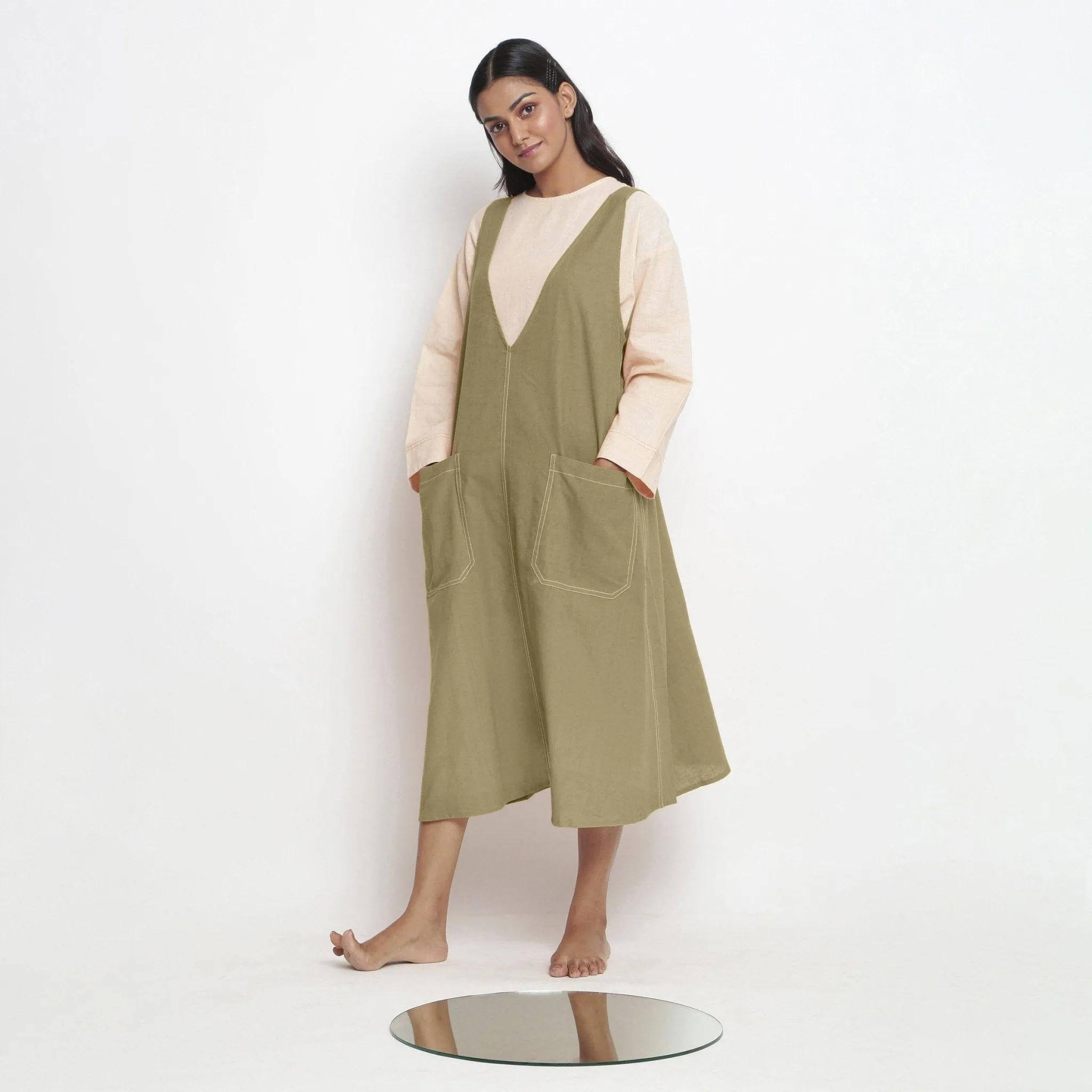 Khakhi Green 100% Cotton Paneled Midi Shift Dress