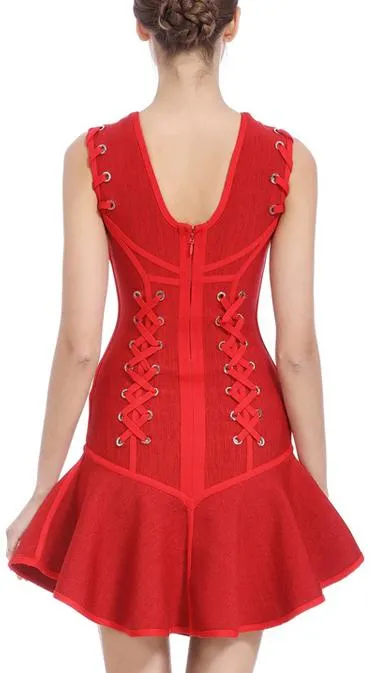 Lace-up Paneled Fit & Flare Mini Dress, Red