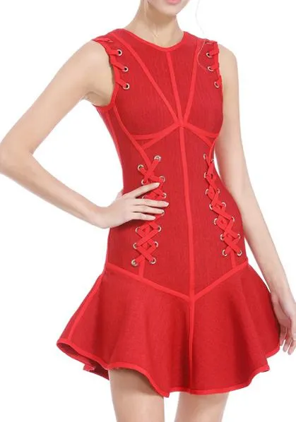 Lace-up Paneled Fit & Flare Mini Dress, Red