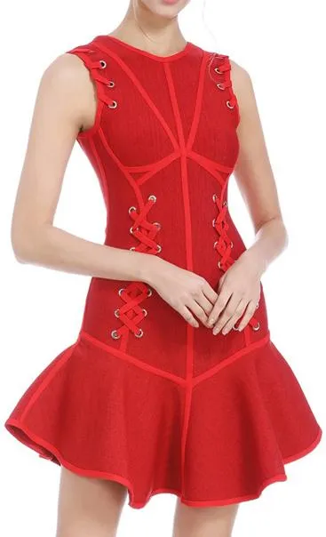 Lace-up Paneled Fit & Flare Mini Dress, Red