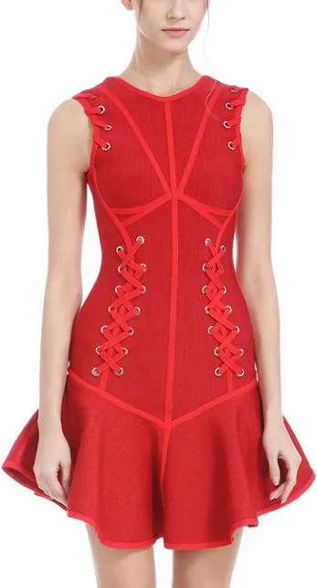 Lace-up Paneled Fit & Flare Mini Dress, Red