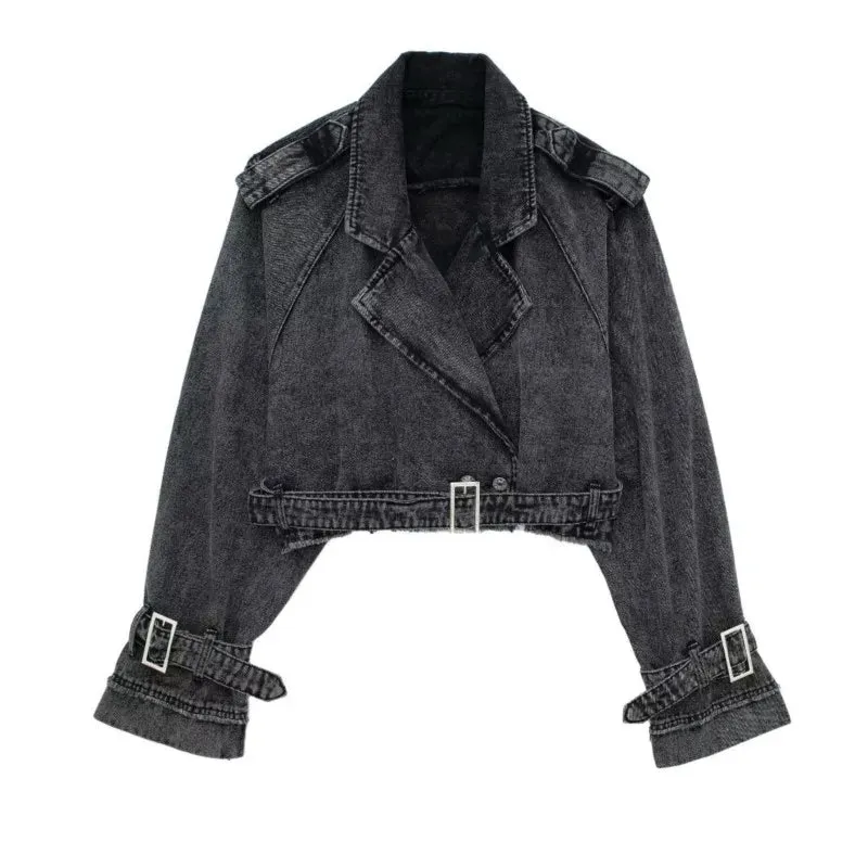 Lapel Notched Collar Denim Jacket Vintage Women Hem Buckle Belt Jacket