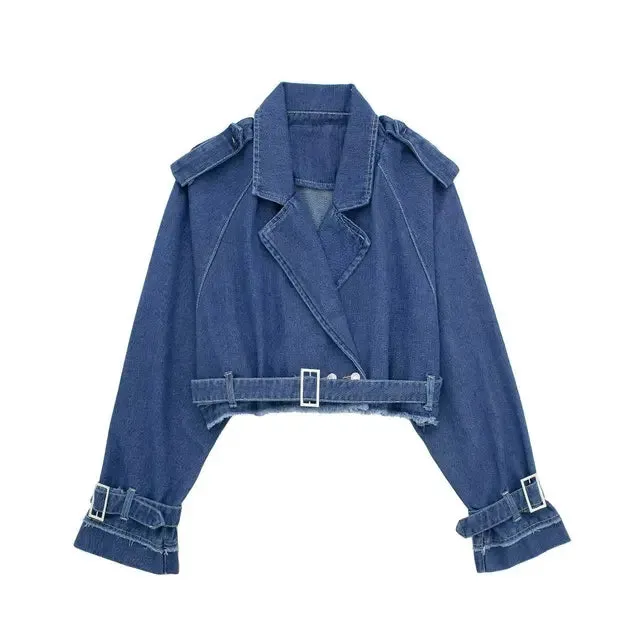 Lapel Notched Collar Denim Jacket Vintage Women Hem Buckle Belt Jacket