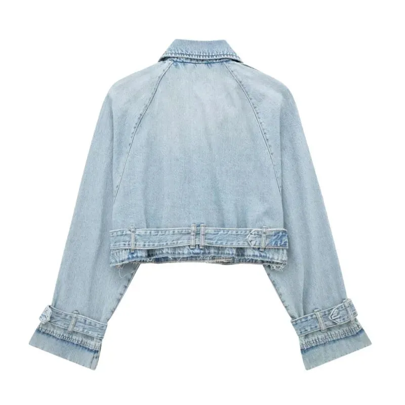 Lapel Notched Collar Denim Jacket Vintage Women Hem Buckle Belt Jacket