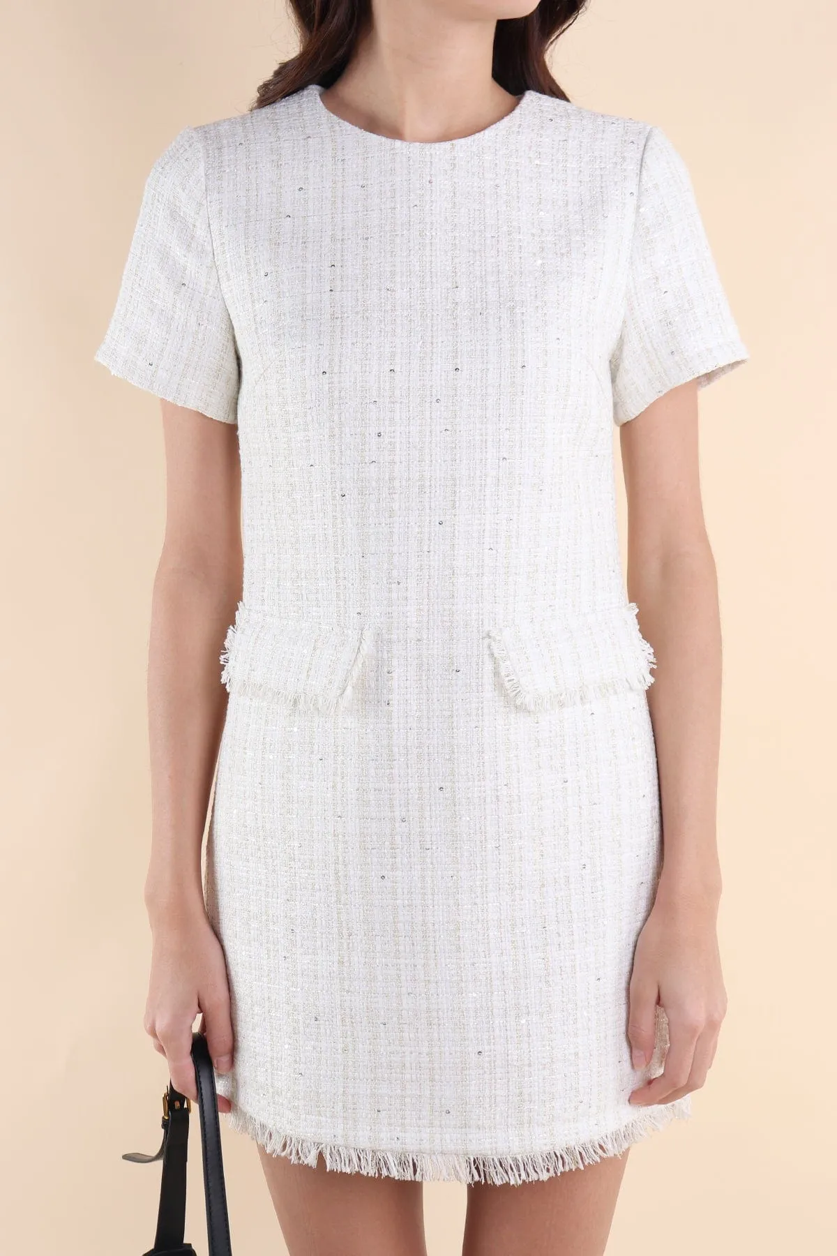 LEIGH TWEED SHIFT DRESS IN WHITE