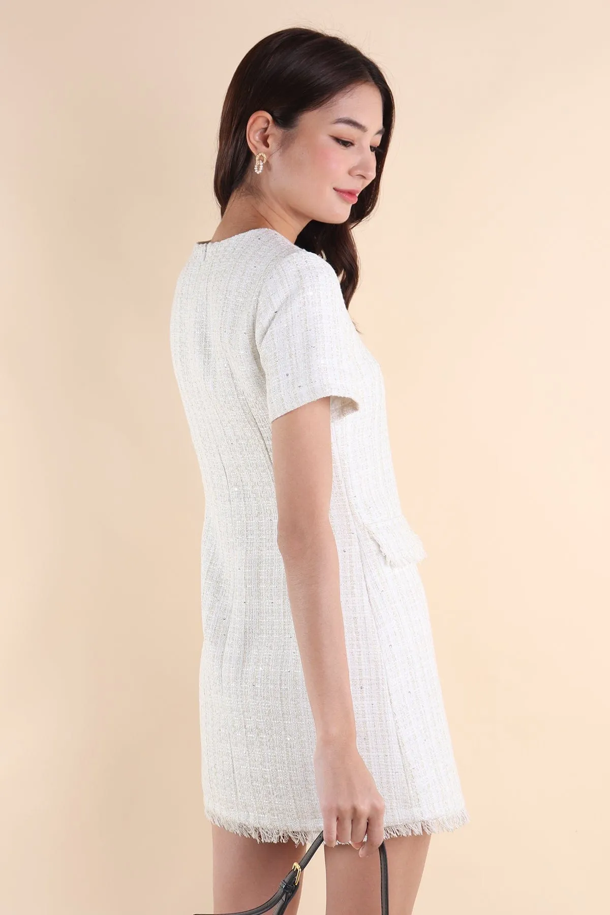 LEIGH TWEED SHIFT DRESS IN WHITE