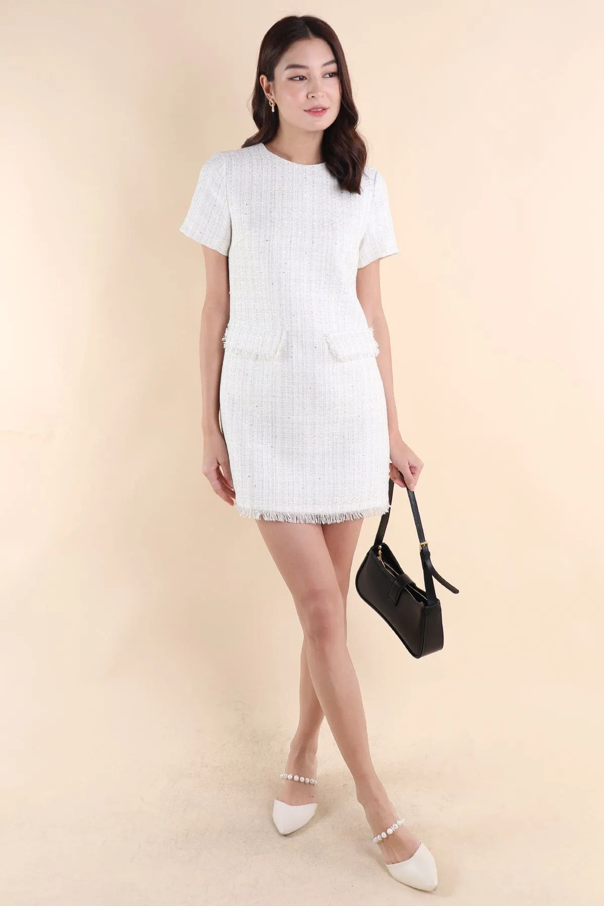 LEIGH TWEED SHIFT DRESS IN WHITE