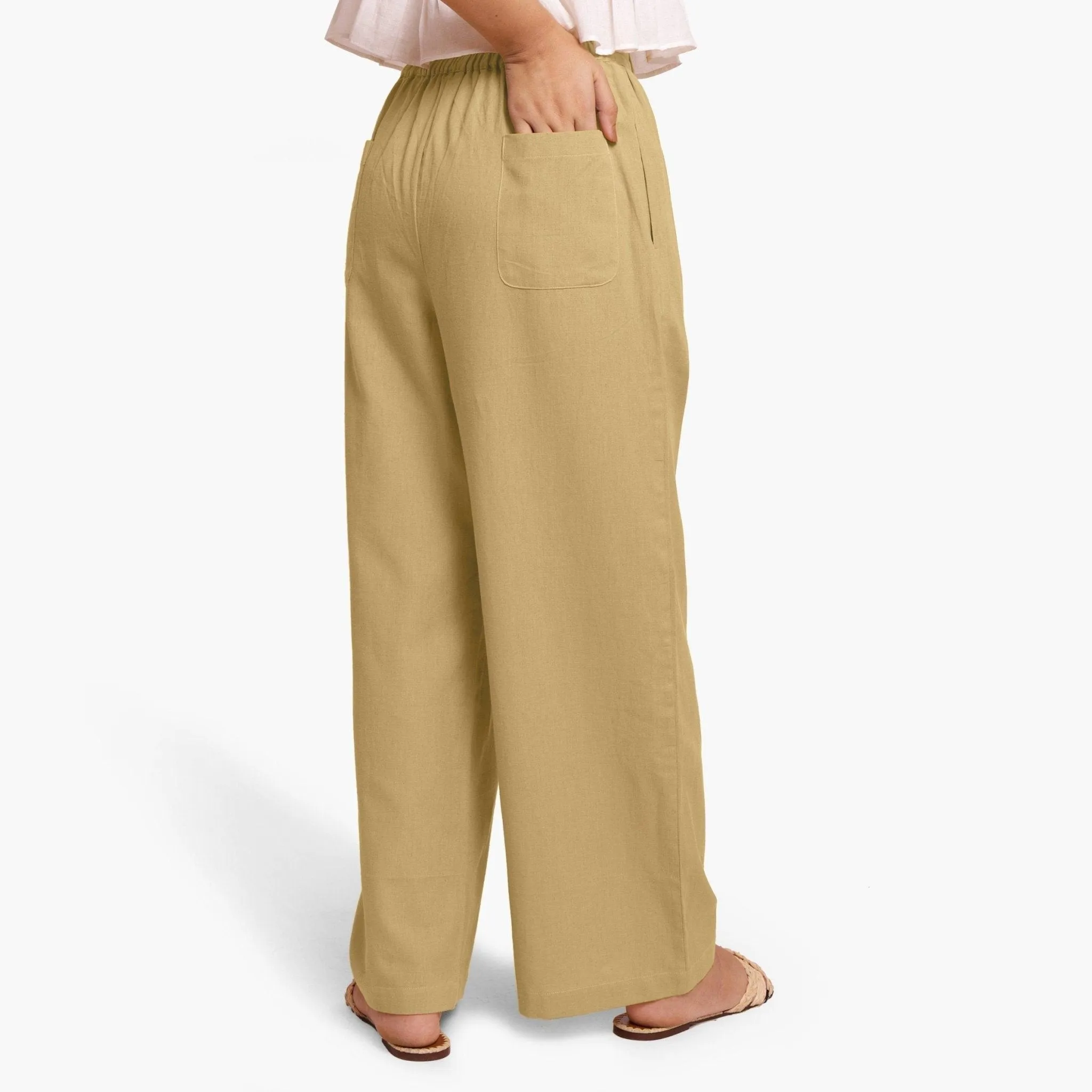 Light Khaki Cotton Flax Elasticated Wide Legged Pant