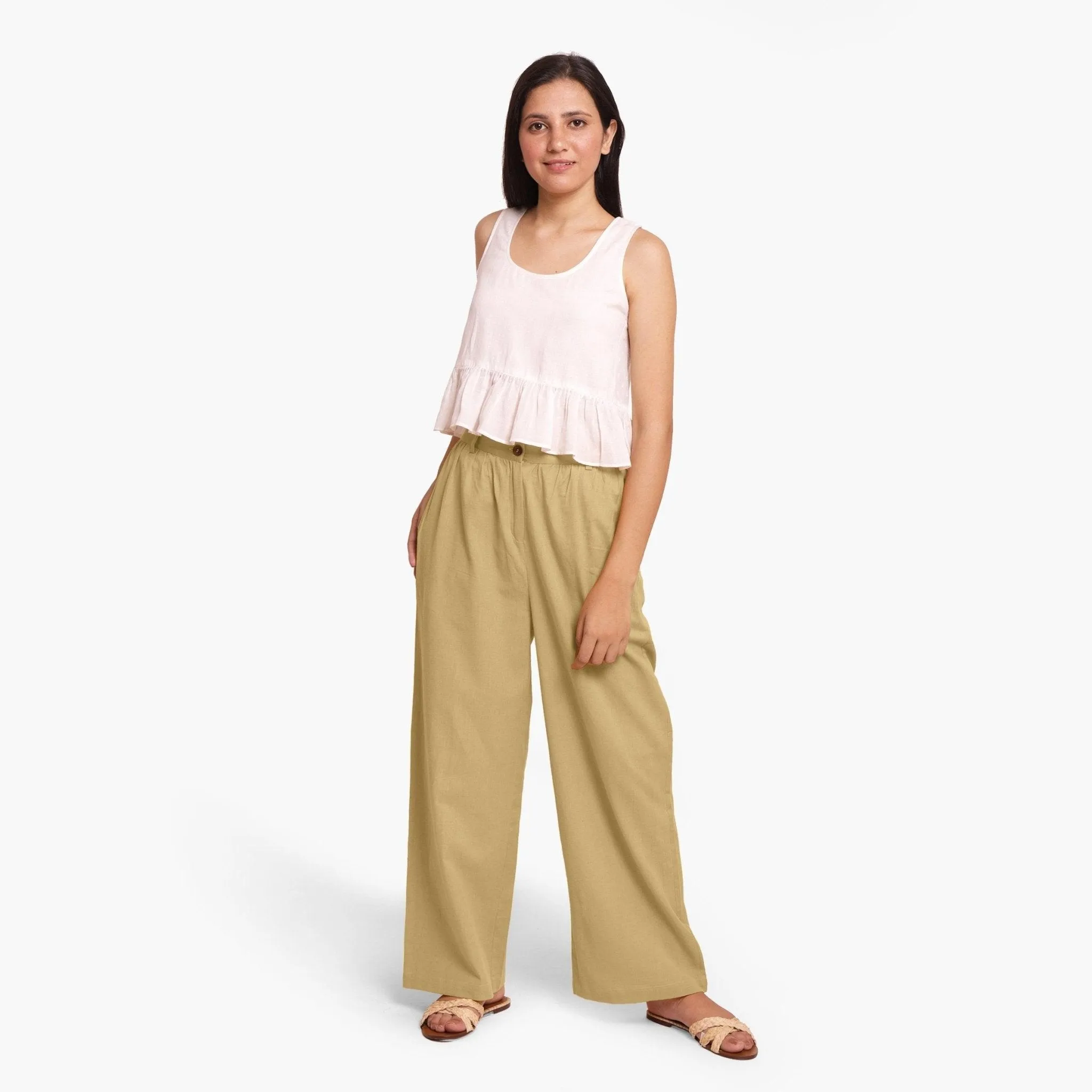 Light Khaki Cotton Flax Elasticated Wide Legged Pant