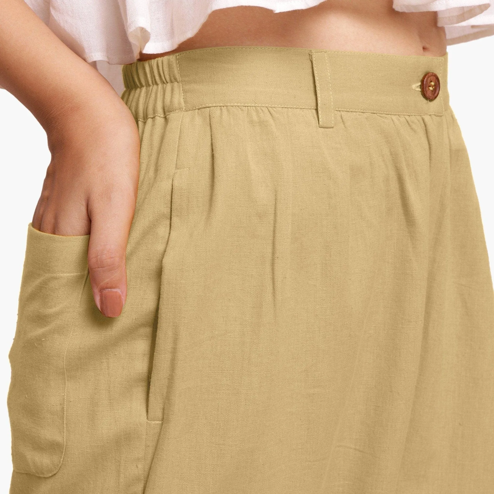 Light Khaki Cotton Flax Elasticated Wide Legged Pant