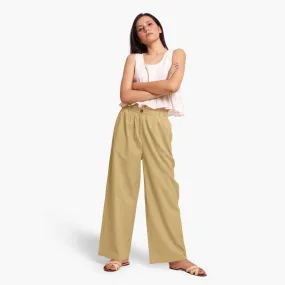 Light Khaki Cotton Flax Elasticated Wide Legged Pant