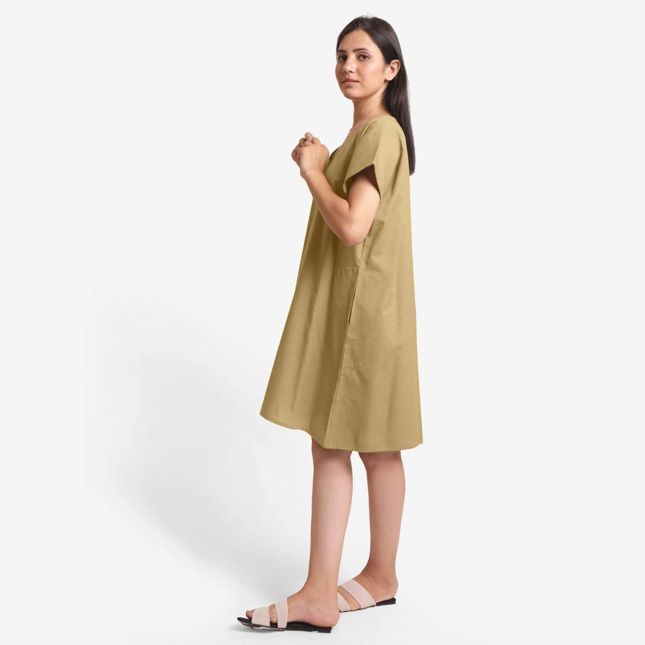 Light Khaki Cotton Flax V-Neck Short Shift Tunic