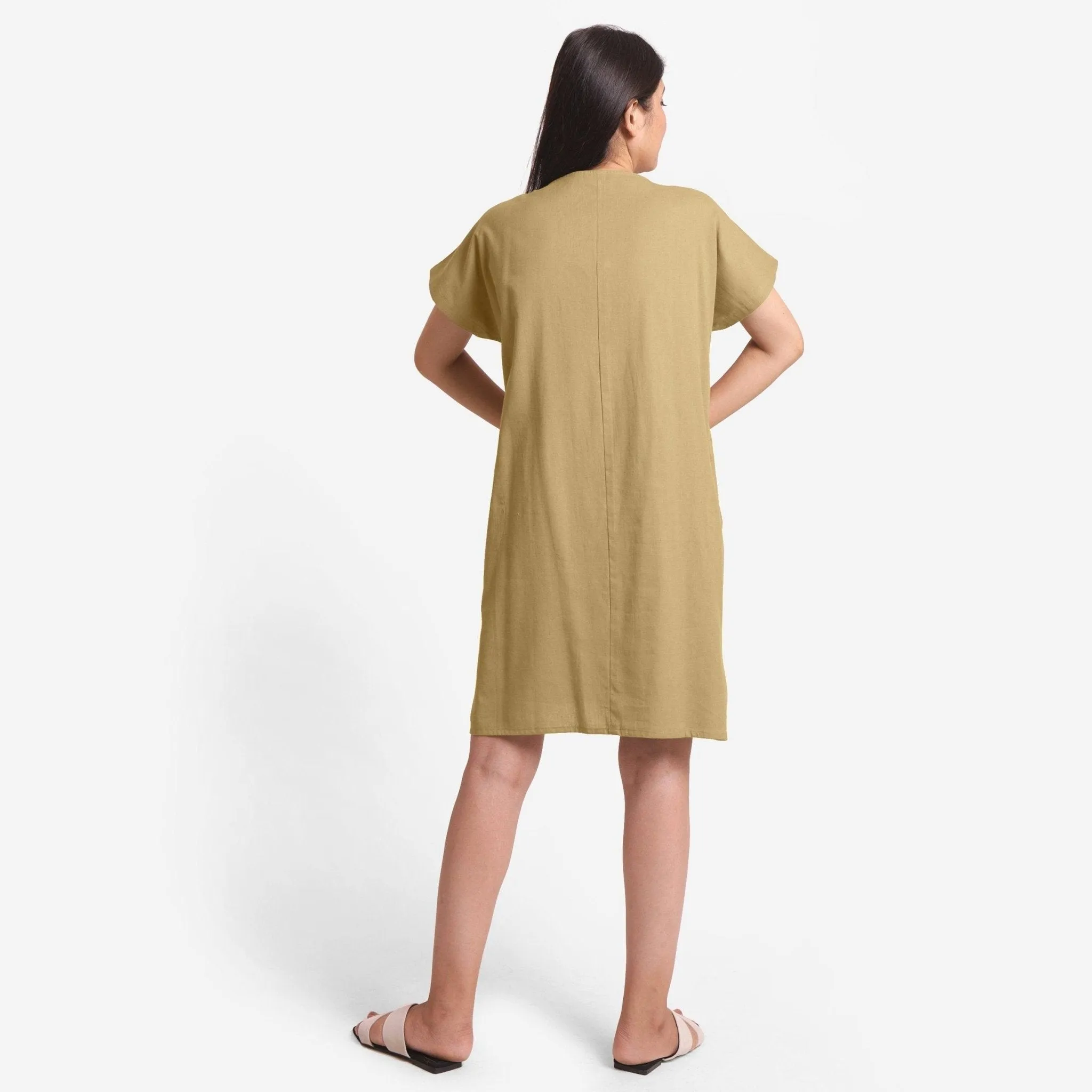 Light Khaki Cotton Flax V-Neck Short Shift Tunic